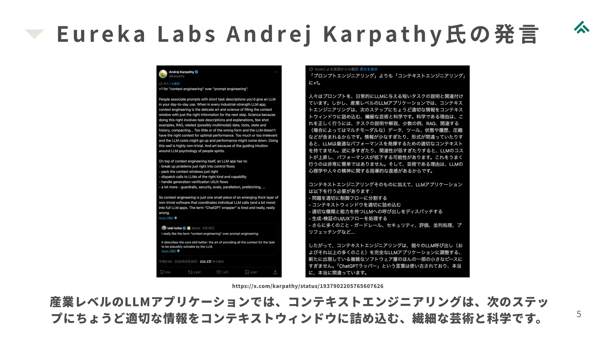 Eureka Labs Andrej Karpathy氏の発言
5
https://x.com/karpathy/status/1937902205765607626
産業レベルのLLMアプリケーションでは、コンテキストエンジニアリングは、次のステッ
プにちょうど適切な情報をコンテキストウィンドウに詰め込む、繊細な芸術と科学です。
 