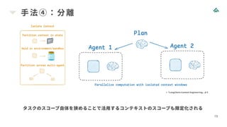 手法④：分離
19
>「LangChain:Context Engineering」より
タスクのスコープ自体を狭めることで活用するコンテキストのスコープも限定化される
 