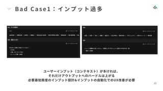 Bad Case1：インプット過多
23
ユーザーインプット（コンテキスト）が多ければ、
それだけアウトプットへのハードルは上がる
必要最低限度のインプット設計&インプットの自動化でのUX改善が必要
 