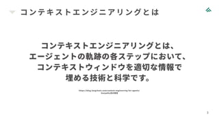 コンテキストエンジニアリングとは
3
コンテキストエンジニアリングとは、
エージェントの軌跡の各ステップにおいて、
コンテキストウィンドウを適切な情報で
埋める技術と科学です。
https://blog.langchain.com/context-engineering-for-agents/
Karpathy氏の発言
 