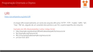 Programação Orientada a Objetos
Prof. Charles Fortes
URI
https://pt.wikipedia.org/wiki/URI
A sintaxe URI é essencialmente um nome de conjunto URI como "HTTP", "FTP", "mailto", "URN", "tel",
"rtsp", "file" etc, seguido de um caractere dois pontos e, por fim, a parte específica do conjunto.
Exemplos de URIs Absolutas[editar | editar código-fonte]
• http://example.org/absolute/URI/with/absolute/path/to/resource.txt
• ftp://example.org/resource.txt
• file:////home/example/example.org/resource.txt
• urn:issn:1535-3613
Pitágoras
 