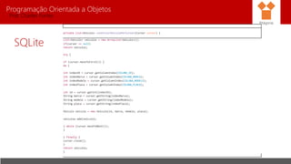 Programação Orientada a Objetos
Prof. Charles Fortes
SQLite
Pitágoras
private List<Veiculo> construirVeiculoPorCursor(Cursor cursor) {
List<Veiculo> veiculos = new ArrayList<Veiculo>();
if(cursor == null)
return veiculos;
try {
if (cursor.moveToFirst()) {
do {
int indexID = cursor.getColumnIndex(COLUNA_ID);
int indexMarca = cursor.getColumnIndex(COLUNA_MARCA);
int indexModelo = cursor.getColumnIndex(COLUNA_MODELO);
int indexPlaca = cursor.getColumnIndex(COLUNA_PLACA);
int id = cursor.getInt(indexID);
String marca = cursor.getString(indexMarca);
String modelo = cursor.getString(indexModelo);
String placa = cursor.getString(indexPlaca);
Veiculo veiculo = new Veiculo(id, marca, modelo, placa);
veiculos.add(veiculo);
} while (cursor.moveToNext());
}
} finally {
cursor.close();
}
return veiculos;
}
 