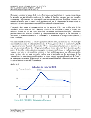 GOBIERNO MUNICIPAL DEL MUNICIPIO DE POTOSÍ
PROGRAMA BOL/AIDCO/2002/0467 APEMIN II
Documento diagnóstico previo PDM 2007-2011
Jaime Chumacero López 98
Consultor PDM Potosí
De manera similar a la vacuna de la polio, observamos que la cobertura de vacunas pentavalente,
ha contado una participación masiva de los padres de familia, logrando que sus pequeños
menores de 1 año cuenten con su respectiva vacuna, aunque con una ligerísima variación con
respecto a la polio (aquí es menor), podríamos concluir que la cobertura de la vacuna penta, se
encuentra con una cobertura entre más del 90 por ciento de niños cubiertos.
Finalmente observemos el comportamiento de las vacunas BCG, esta a diferencia de las
anteriores, muestra una más baja cobertura, ya que en las anteriores inclusive se llego a una
cobertura de más del 140 por ciento (con niños trasladados desde otros municipios), en el caso
presente existe una marcada diferencia y comportamiento con respecto a los anteriores ya
analizados, la máxima cobertura de la vacuna BCG, se da hasta en un 120 por ciento de niñas y
niños vacunados.
Una otra marcada diferencia se observa que en los últimos años, se mantiene una cobertura por
encima de la existencia de niños en el municipio de Potosí, ya que si bien en las anteriores, tiende
a regularizarse hasta llegar ala cobertura del 100 por ciento, en esta la diferencia se mantiene con
una alta cobertura del mas del 100 por ciento (5 por ciento más), vale decir también, que los
padres de las niñas y niños, de otros municipios prosiguen manifestando su preferencia de hacer
vacunar a sus hijos en este municipio potosino; es claro también que exista una sobrenumeración,
para verificar esto, se hace necesario realizar una investigación de las coberturas de las
vacunaciones en los restantes municipios (por lo menos los más cercanos al municipio de Potosí),
en los que necesariamente deberá existir lo contrario, una altísima baja cobertura de vacunas, que
inclusive llegue a menos del 50 por ciento.
Grafica nº 43
Cobertura de vacunas BCG
Fuente: SNIS (1996-2003) - Cálculos JaimeChumacero
1996
1997
1998
1999
2000
2001
2002
2003
90
100
110
120
Porcentaje de cobertura
BCG
 