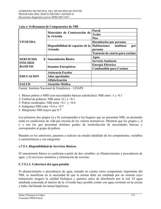 GOBIERNO MUNICIPAL DEL MUNICIPIO DE POTOSÍ
PROGRAMA BOL/AIDCO/2002/0467 APEMIN II
Documento diagnóstico previo PDM 2007-2011
Jaime Chumacero López 112
Consultor PDM Potosí
Tabla nº 59:Resumen de Componentes de NBI
VIVIENDA
Materiales de Construcción de
la vivienda
Pared
Techo
Piso
Disponibilidad de espacios de la
vivienda
Dormitorios por persona
Habitaciones multiuso por
persona
Tenencia de cuarto para cocinar
SERVICIOS E
INSUMOS
BASICOS
Saneamiento Básico
Agua
Servicio Sanitario
Insumos Energéticos
Energía Eléctrica
Combustible para Cocinar
EDUCACION
Asistencia Escolar
Años aprobados
Alfabetización
SALUD Atención Médica
Fuente: Instituto Nacional de Estadística – UDAPE
1. Menos pobres o NBS (con necesidades básicas satisfechas): NBI entre -1 y -0.1
2. Umbral de pobreza: NBI entre -0.1 y +0.1
3. Pobres moderados: NBI entre +0.1 y +0.4
4. Indigentes NBI entre +0.4 y +0.7
5. Marginales NBI mayor que 0.7
Los primeros dos grupos (a y b) corresponden a los hogares que no presentan NBI, en promedio
están en condiciones de vida por encima de los valores normativos. Mientras que los grupos c, d
y e son los que presentan distintos grados de insatisfacción de necesidades básicas y
corresponden al grupo de pobres.
Basados en los anteriores, pasamos a realizar un estudio detallado de los componentes, variables
o características y sus categorías:
c.7.5.1. Disponibilidad de Servicios Básicos
El saneamiento básico se conforma a partir de dos variables: a) Abastecimiento y procedencia de
agua y b) servicios sanitarios y eliminación de excretas.
C.7.5.1.1. Cobertura del agua potable
El abastecimiento o procedencia de agua, tomado en cuenta como componente importante del
NBI, se manifiesta en la necesidad de que la misma debe ser entubada por un sistema cuyo
tratamiento asegure la calidad biológica y química antes de distribuirla por la red. El agua
entubada conectada al interior de la vivienda hace posible contar con agua corriente en la cocina
y baño, facilitando las tareas higiénicas.
 