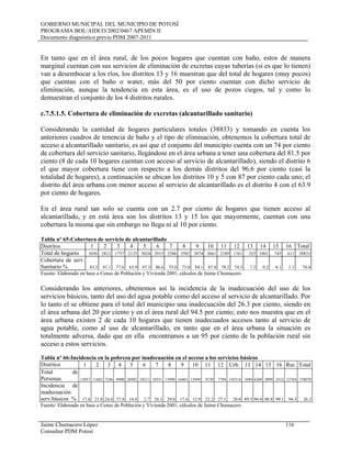 GOBIERNO MUNICIPAL DEL MUNICIPIO DE POTOSÍ
PROGRAMA BOL/AIDCO/2002/0467 APEMIN II
Documento diagnóstico previo PDM 2007-2011
Jaime Chumacero López 116
Consultor PDM Potosí
En tanto que en el área rural, de los pocos hogares que cuentan con baño, estos de manera
marginal cuentan con sus servicios de eliminación de excretas cuyas tuberías (si es que lo tienen)
van a desembocar a los ríos, los distritos 13 y 16 muestran que del total de hogares (muy pocos)
que cuentan con el baño o water, más del 50 por ciento cuentan con dicho servicio de
eliminación, aunque la tendencia en esta área, es el uso de pozos ciegos, tal y como lo
demuestran el conjunto de los 4 distritos rurales.
c.7.5.1.5. Cobertura de eliminación de excretas (alcantarillado sanitario)
Considerando la cantidad de hogares particulares totales (38833) y tomando en cuenta los
anteriores cuadros de tenencia de baño y el tipo de eliminación, obtenemos la cobertura total de
acceso a alcantarillado sanitario, es así que el conjunto del municipio cuenta con un 74 por ciento
de cobertura del servicio sanitario, llegándose en el área urbana a tener una cobertura del 81.5 por
ciento (8 de cada 10 hogares cuentan con acceso al servicio de alcantarillado), siendo el distrito 6
el que mayor cobertura tiene con respecto a los demás distritos del 96.6 por ciento (casi la
totalidad de hogares), a continuación se ubican los distritos 10 y 5 con 87 por ciento cada uno; el
distrito del área urbana con menor acceso al servicio de alcantarillado es el distrito 4 con el 63.9
por ciento de hogares.
En el área rural tan solo se cuenta con un 2.7 por ciento de hogares que tienen acceso al
alcantarillado, y en está área son los distritos 13 y 15 los que mayormente, cuentan con una
cobertura la misma que sin embargo no llega ni al 10 por ciento.
Tabla nº 65:Cobertura de servicio de alcantarillado
Distritos 1 2 3 4 5 6 7 8 9 10 11 12 13 14 15 16 Total
Total de hogares 3056 2812 1757 2135 5024 2915 2586 3582 3874 3661 2189 1761 325 1801 745 611 38833
Cobertura de serv.
Sanitario % 83.3 81.1 77.6 63.9 87.3 96.6 75.0 73.0 84.1 87.8 78.2 74.3 7.2 0.2 8.1 1.1 74.4
Fuente: Elaborado en base a Censo de Población y Vivienda 2001, cálculos de Jaime Chumacero
Considerando los anteriores, obtenemos así la incidencia de la inadecuación del uso de los
servicios básicos, tanto del uso del agua potable como del acceso al servicio de alcantarillado. Por
lo tanto el se obtiene para el total del municipio una inadecuación del 26.3 por ciento, siendo en
el área urbana del 20 por ciento y en el área rural del 94.5 por ciento; esto nos muestra que en el
área urbana existen 2 de cada 10 hogares que tienen inadecuados accesos tanto al servicio de
agua potable, como al uso de alcantarillado, en tanto que en el área urbana la situación es
totalmente adversa, dado que en ella encontramos a un 95 por ciento de la población rural sin
acceso a estos servicios.
Tabla nº 66:Incidencia en la pobreza por inadecuación en el acceso a los servicios básicos
Distritos 1 2 3 4 5 6 7 8 9 10 11 12 Urb. 13 14 15 16 Rur. Total
Total de
Personas 13057 11682 7246 8900 20492 10213 10351 13998 16463 15949 9170 7794 145314 1049 6204 3099 2412 12764 158078
Incidencia de
inadecuación
serv.básicos % 17.6 21.0 24.0 37.8 14.4 2.7 26.3 29.0 17.6 12.9 22.2 27.1 20.0 89.5 96.0 88.8 99.1 94.5 26.3
Fuente: Elaborado en base a Censo de Población y Vivienda 2001, cálculos de Jaime Chumacero
 