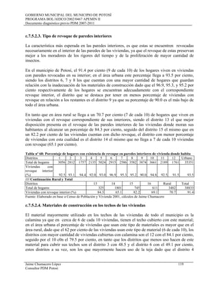 GOBIERNO MUNICIPAL DEL MUNICIPIO DE POTOSÍ
PROGRAMA BOL/AIDCO/2002/0467 APEMIN II
Documento diagnóstico previo PDM 2007-2011
Jaime Chumacero López 119
Consultor PDM Potosí
c.7.5.2.3. Tipo de revoque de paredes interiores
La característica más esperada en las paredes interiores, es que estas se encuentren revocadas
necesariamente en el interior de las paredes de las viviendas, ya que el revoque de estas preservan
mejor a los moradores de los rigores del tiempo y de la proliferación de mayor cantidad de
insectos.
En el municipio de Potosí, el 91.4 por ciento (9 de cada 10) de los hogares viven en viviendas
con paredes revocadas en su interior; en el área urbana este porcentaje llega a 93.5 por ciento,
siendo los distritos 6, 7 y 8 los que cuentan con una mayor cantidad de hogares que guardan
relación con la inadecuación de los materiales de construcción dado que el 96.9, 95.3, y 95.2 por
ciento respectivamente de los hogares se encuentran adecuadamente con el correspondiente
revoque interior, el distrito que se destaca por tener en menos porcentaje de viviendas con
revoque en relación a los restantes es el distrito 9 ya que su porcentaje de 90.0 es el más bajo de
todo el área urbana.
En tanto que en área rural se llega a un 70.7 por ciento (7 de cada 10) de hogares que viven en
viviendas con el revoque correspondiente de sus interiores, siendo el distrito 13 el que mejor
disposición presenta en el revoque de las paredes interiores de las viviendas donde moran sus
habitantes al alcanzar un porcentaje de 84.3 por ciento, seguido del distrito 15 el mismo que en
un 82.2 por ciento de las viviendas cuentan con dicho revoque, el distrito con menor porcentaje
de viviendas con esta cualidad es el distrito 14 el mismo que no llega a 7 de cada 10 viviendas
con revoque (65.1 por ciento).
Tabla nº 68: Porcentaje de hogares con existencia de revoque en paredes interiores de vivienda donde habita
Distritos 1 2 3 4 5 6 7 8 9 10 11 12 Urbano
Total de hogares 3056 2812 1757 2135 5024 2915 2586 3582 3874 3661 2189 1761 35351
Viviendas con
revoque interior
(%) 92.5 93.1 94.4 92.0 93.0 96.9 95.3 95.2 90.0 94.8 92.5 91.5 93.5
//// Continuación Rural y Total
Distritos 13 14 15 16 Rural Total
Total de hogares 325 1801 745 611 3482 38833
Viviendas con revoque interior (%) 84.3 65.1 82.2 69.1 70.7 91.4
Fuente: Elaborado en base a Censo de Población y Vivienda 2001, cálculos de Jaime Chumacero
c.7.5.2.4. Materiales de construcción en los techos de las viviendas
El material mayormente utilizado en los techos de las viviendas de todo el municipio es la
calamina ya que en cerca de 6 de cada 10 viviendas, tienen el techo cubierto con este material;
en el área urbana el porcentaje de viviendas que usan este tipo de materiales es mayor que en el
área rural, dado que el 62 por ciento de las viviendas usan este tipo de material (6 de cada 10), los
distritos con mayor cantidad de viviendas cubiertas con calamina son el 12 con el 84.1 por ciento,
seguido por el 10 c0n el 79.5 por ciento, en tanto que los distritos que menos uso hacen de este
material para cubrir sus techos son el distrito 3 con 48.5 y el distrito 6 con el 49.1 por ciento,
estos distritos a su vez, son los que mayormente hacen uso de la teja dado que el distrito 4
 