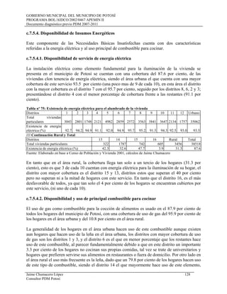 GOBIERNO MUNICIPAL DEL MUNICIPIO DE POTOSÍ
PROGRAMA BOL/AIDCO/2002/0467 APEMIN II
Documento diagnóstico previo PDM 2007-2011
c.7.5.4. Disponibilidad de Insumos Energéticos
Este componente de las Necesidades Básicas Insatisfechas cuenta con dos características
referidas a la energía eléctrica y al uso principal de combustible para cocinar.
c.7.5.4.1. Disponibilidad de servicio de energía eléctrica
La instalación eléctrica como elemento fundamental para la iluminación de la vivienda se
presenta en el municipio de Potosí se cuentan con una cobertura del 87.6 por ciento, de las
viviendas clon tenencia de energía eléctrica, siendo el área urbana el que cuenta con una mayor
cobertura de este servicio 93.5 por ciento (una poco mas de 9 de cada 10), en esta área el distrito
con la mayor cobertura es el distrito 7 con el 95.7 por ciento, seguido por los distritos 8, 6, 2 y 3;
presentándose el distrito 4 con el menor porcentaje de cobertura frente a las restantes (91.1 por
ciento).
Tabla nº 75: Existencia de energía eléctrica para el alumbrado de la vivienda
Distritos 1 2 3 4 5 6 7 8 9 10 11 12 Urbano
Total viviendas
particulares 3043 2801 1748 2121 4982 2859 2572 3563 3841 3647 2134 1757 35062
Existencia de energía
eléctrica (%) 92.7 94.2 94.9 91.1 92.0 94.9 95.7 95.2 91.5 94.3 92.5 93.0 93.5
//// Continuación Rural y Total
Distritos 13 14 15 16 Rural Total
Total viviendas particulares 322 1787 742 605 3456 38518
Existencia de energía eléctrica (%) 42.3 32.6 47.7 3.9 31.3 87.6
Fuente: Elaborado en base a Censo de Población y Vivienda 2001, cálculos de Jaime Chumacero
En tanto que en el área rural, la cobertura llega tan solo a un tercio de los hogares (31.3 por
ciento), esto es que 3 de cada 10 cuentan con energía eléctrica para la iluminación de su hogar, el
distrito con mayor cobertura es el distrito 15 y 13, distritos estos que superan el 40 por ciento
pero no superan ni a la mitad de hogares con este servicio. En tanto que el distrito 16, es el más
desfavorable de todos, ya que tan solo el 4 por ciento de los hogares se encuentran cubiertos por
este servicio, (ni uno de cada 10).
c.7.5.4.2. Disponibilidad y uso de principal combustible para cocinar
El uso de gas como combustible para la cocción de alimentos es usado en el 87.9 por ciento de
todos los hogares del municipio de Potosí, con una cobertura de uso de gas del 95.9 por ciento de
los hogares en el área urbana y del 10.8 por ciento en el área rural.
La generalidad de los hogares en el área urbana hacen uso de este combustible aunque existen
aun hogares que hacen uso de la leña en el área urbana, los distritos con mayor cobertura de uso
de gas son los distritos 1 y 3, y el distrito 6 es el que en menor porcentaje que los restantes hace
uso de este combustible, al parecer fundamentalmente debido a que en este distrito un importante
3.3 por ciento de los hogares no cocinan sus propias comidas, tal vez se trate de universitarios y
hogares que prefieren servirse sus alimentos en restaurantes o fuera de domicilio. Por otro lado en
el área rural el uso más frecuente es la leña, dado que un 79.8 por ciento de los hogares hacen uso
de este tipo de combustible, siendo el distrito 14 el que mayormente hace uso de este elemento,
Jaime Chumacero López 128
Consultor PDM Potosí
 