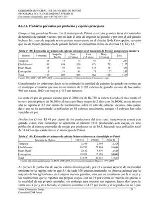 GOBIERNO MUNICIPAL DEL MUNICIPIO DE POTOSÍ
PROGRAMA BOL/AIDCO/2002/0467 APEMIN II
Documento diagnóstico previo PDM 2007-2011
d.2.2.1. Productos pecuarios por población y especies principales
Composición ganadera Bovina: En el municipio de Potosí existe dos grandes áreas diferenciadas
de tenencia de ganado vacuno, por un lado el área de engorde de ganado y por otro el del ganado
lechero, las zonas de engorde se encuentran mayormente en el distrito 16 de Concepción, en tanto
que los de mayor producción de ganado lechero se encuentran en las los distritos 13, 14 y 15.
Tabla nº 108: Estimación del número de cabezas existentes en el municipio de Potosí y composición ganadera
Distrito Ternero(a)
Vaquilla,
Torillo
Toro
(>2 años)
Vaca
(>2 años)
Buey
(>2 años)
Total
Tarapaya 10 19 73 87 91 280
Chullchucani 80 144 559 671 703 2157
Huari Huari 16 29 112 135 141 433
Concepción 9 16 61 73 77 235
Total 115 207 805 966 1012 3105
Fuente: INE-MECOVIS 1999-2004 y censo agropecuario - Elaboración Jaime Chumacero López
Considerando los anteriores datos se ha estimado la cantidad de cabezas de ganado existentes en
el municipio el mismo que nos da un número de 3.105 cabezas de ganado vacuno, de los cuales
966 son vacas, 1012 son bueyes y 115 son terneros.
La venta en pie de ganado vacuno para el 2004 era de Bs.728 la cabeza (siendo el más barato el
ternero con un precio de Bs.300 y el mas caro Buey mayor de 2 años con Bs.1000), en ese mismo
año se reporto el 2.7 por ciento de nacimientos, sobre el total de cabezas vacunos, esto quiere
decir que se ha aumentado la población en 84 cabezas anualmente, aunque 41 cabezas han sido
vendidas en pie.
Producción Ovina: El 48 por ciento de los productores del área rural mencionaron contar con
ganado ovino, este porcentaje se aproxima al número 1932 productores con ovejas, en esta
población el número promedio de ovejas por productor es de 16.5, haciendo una población total
de 31.683 ovejas existentes en el municipio de Potosí.
Tabla nº 109: Estimación del número de cabezas Ovinas existentes en el municipio de Potosí
Tenencia de Ovinos 1987(1) 1999(2) 2004(3)
Tarapaya 2.340 2.694 2.326
Chullchucani 16.792 27.814 16.691
Huari Huari 2.642 4.376 2.626
Concepción 10.101 12.059 10.040
Total 31.875 46.943 31.683
Fuente: (1) censo agropecuario, (2) PDM 2000-2004; (3) proyección basada en Mecovis 1999-2004
Al parecer la población de ovejas estaría disminuyendo, por el excesivo reporte de mortandad
existente en la región, esto es que 5.4 de cada 100 estarían muriendo; se observa además que la
mayoría de los agricultores, no compran nuevos ganados, sino que se mantienen con la crianza y
los nacimientos que le reportan sus propias ovejas, con un 19 por ciento de renovación gracias a
la natalidad de sus propios animales; sin embargo para mejorar sus ingresos, hacen dos tipos de
venta una a pie y otra faenada, el primero constitue el 4.37 por ciento y el segundo con un 3 por
Jaime Chumacero López 171
Consultor PDM Potosí
 