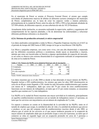 GOBIERNO MUNICIPAL DEL MUNICIPIO DE POTOSÍ
PROGRAMA BOL/AIDCO/2002/0467 APEMIN II
Documento diagnóstico previo PDM 2007-2011
En el municipio de Potosí se asienta el Proyecto Forestal Potosí, el mismo que cumple
actividades de plantaciones masivas de árboles en diferentes sectores estratégicos del municipio
de Potosí, cumpliéndose así, la tarea de crear los espacios verdes a manera pulmones,
principalmente de la ciudad de Potosí; entre los años de 1989 a 1994 se han plantado alrededor de
527.894 arboles, de diferentes especies, en una cobertura de más de 183.29 hectáreas.
Actualmente dicha institución, se encuentra realizando la supervisión, análisis y seguimiento del
comportamiento de las especies plantadas, a fin de determinar las enfermedades y solucionar
diferentes problemas referentes a su desarrollo.
d.2.6. Sistemas de producción artesanal y/o micro empresarial
Los datos analizados corresponden a todas la Micro y Pequeñas Empresas inscritas en el SAT en
el período de tiempo del 2002 hasta el 2005, tiempo en la que se inscribieron 1386 MyPEs.
Las Micro y pequeñas empresas, son como seres vivos, con una alta dinamicidad, e impactada
por las diferentes coyunturas políticas y económicas, donde nacen se desarrollan y mueren,
además que estas son incentivadas en función a algunas oportunidades de copación de mercado,
es así como se observa esta extrema dinamicidad en el seguimiento realizado al comportamiento
de estas en la ciudad de Potosí.
Tabla nº 116: Número de MyPEs en la ciudad de Potosí por año de inscripción
Tamaño 2002 2003 2004 2005 Total
1-4 empleados 8 658 428 1094
5-9 empleados 6 173 84 263
10 o más empleados 2 19 8 29
Total 0 16 850 520 1386
Fuente: UDAPE, elaboración Jaime chumacero
Los datos muestran que es el año 2004 es donde se han detectado el mayor número de MyPEs,
llegando incluso a 850 establecimientos, los mismos que para los años 2005 disminuyeron en
cerca de un 40 por ciento llegando a 520, siendo los más frecuentes establecimientos que cuentan
con menos de 5 trabajadores, dado que cerca del 79 por ciento de estos establecimientos
funcionan con ese número de trabajadores, en tanto que el 21 por ciento restantes, se encuentran
aquellos que cuentan con 5 y más trabajadores.
Las MyPEs en la ciudad de Potosí muestran una mayor actividad en la industria, principalmente
en aquellos establecimientos económicos con un tamaño de trabajadores menor a 5 personas, en
tanto que los servicios son mayoritarios con un número de empleados de 5 y más.
Un aspecto a tomarse en cuenta en la dinamicidad de la actividad de las MyPEs, tanto en el
tamaño de empleos que ocupa, la cantidad de años de vida y la cantidad de productos que provee
o produce; es así, que del conjunto total de establecimientos inscritos desde el año 2002, se
observa que el sector de los servicios es el que mayor tendencia presenta en la ocupación de
mayor número de empleados dado que en promedio ocupa a cerca de 4 personas, en tanto que el
comercio se sitúa en segundo lugar con un ocupación promedio de cerca de 3 personas y
Jaime Chumacero López 177
Consultor PDM Potosí
 