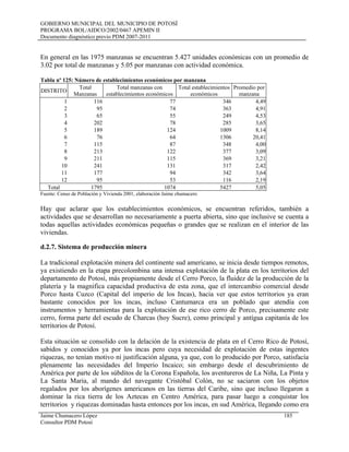 GOBIERNO MUNICIPAL DEL MUNICIPIO DE POTOSÍ
PROGRAMA BOL/AIDCO/2002/0467 APEMIN II
Documento diagnóstico previo PDM 2007-2011
En general en las 1975 manzanas se encuentran 5.427 unidades económicas con un promedio de
3.02 por total de manzanas y 5.05 por manzanas con actividad económica.
Tabla nº 125: Número de establecimientos económicos por manzana
DISTRITO
Total
Manzanas
Total manzanas con
establecimientos económicos
Total establecimientos
económicos
Promedio por
manzana
1 116 77 346 4,49
2 95 74 363 4,91
3 65 55 249 4,53
4 202 78 285 3,65
5 189 124 1009 8,14
6 76 64 1306 20,41
7 115 87 348 4,00
8 213 122 377 3,09
9 211 115 369 3,21
10 241 131 317 2,42
11 177 94 342 3,64
12 95 53 116 2,19
Total 1795 1074 5427 5,05
Fuente: Censo de Población y Vivienda 2001, elaboración Jaime chumacero
Hay que aclarar que los establecimientos económicos, se encuentran referidos, también a
actividades que se desarrollan no necesariamente a puerta abierta, sino que inclusive se cuenta a
todas aquellas actividades económicas pequeñas o grandes que se realizan en el interior de las
viviendas.
d.2.7. Sistema de producción minera
La tradicional explotación minera del continente sud americano, se inicia desde tiempos remotos,
ya existiendo en la etapa precolombina una intensa explotación de la plata en los territorios del
departamento de Potosí, más propiamente desde el Cerro Porco, la fluidez de la producción de la
platería y la magnifica capacidad productiva de esta zona, que el intercambio comercial desde
Porco hasta Cuzco (Capital del imperio de los Incas), hacia ver que estos territorios ya eran
bastante conocidos por los incas, incluso Cantumarca era un poblado que atendía con
instrumentos y herramientas para la explotación de ese rico cerro de Porco, precisamente este
cerro, forma parte del escudo de Charcas (hoy Sucre), como principal y antígua capitanía de los
territorios de Potosí.
Esta situación se consolido con la delación de la existencia de plata en el Cerro Rico de Potosí,
sabidos y conocidos ya por los incas pero cuya necesidad de explotación de estas ingentes
riquezas, no tenían motivo ni justificación alguna, ya que, con lo producido por Porco, satisfacía
plenamente las necesidades del Imperio Incaico; sin embargo desde el descubrimiento de
América por parte de los súbditos de la Corona Española, los aventureros de La Niña, La Pinta y
La Santa Maria, al mando del navegante Cristóbal Colón, no se saciaron con los objetos
regalados por los aborígenes americanos en las tierras del Caribe, sino que incluso llegaron a
dominar la rica tierra de los Aztecas en Centro América, para pasar luego a conquistar los
territorios y riquezas dominadas hasta entonces por los incas, en sud América, llegando como era
Jaime Chumacero López 185
Consultor PDM Potosí
 
