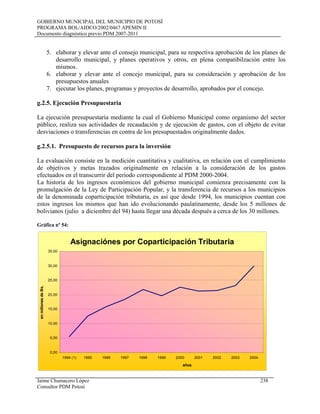 GOBIERNO MUNICIPAL DEL MUNICIPIO DE POTOSÍ
PROGRAMA BOL/AIDCO/2002/0467 APEMIN II
Documento diagnóstico previo PDM 2007-2011
5. elaborar y elevar ante el consejo municipal, para su respectiva aprobación de los planes de
desarrollo municipal, y planes operativos y otros, en plena compatibilzación entre los
mismos.
6. elaborar y elevar ante el concejo municipal, para su consideración y aprobación de los
presupuestos anuales
7. ejecutar los planes, programas y proyectos de desarrollo, aprobados por el concejo.
g.2.5. Ejecución Presupuestaria
La ejecución presupuestaría mediante la cual el Gobierno Municipal como organismo del sector
público, realiza sus actividades de recaudación y de ejecución de gastos, con el objeto de evitar
desviaciones o transferencias en contra de los presupuestados originalmente dados.
g.2.5.1. Presupuesto de recursos para la inversión
La evaluación consiste en la medición cuantitativa y cualitativa, en relación con el cumplimiento
de objetivos y metas trazados originalmente en relación a la consideración de los gastos
efectuados en el transcurrir del período correspondiente al PDM 2000-2004.
La historia de los ingresos económicos del gobierno municipal comienza precisamente con la
promulgación de la Ley de Participación Popular, y la transferencia de recursos a los municipios
de la denominada coparticipación tributaria, es así que desde 1994, los municipios cuentan con
estos ingresos los mismos que han ido evolucionando paulatinamente, desde los 5 millones de
bolivianos (julio a diciembre del 94) hasta llegar una década después a cerca de los 30 millones.
Gráfica nº 54:
Jaime Chumacero López 238
Consultor PDM Potosí
Asignaciónes por Coparticipación Tributaria
0,00
5,00
10,00
15,00
20,00
25,00
30,00
35,00
1994 (1) 1995 1996 1997 1998 1999 2000 2001 2002 2003 2004
años
enmillonesdeBs.
 