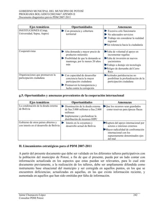 GOBIERNO MUNICIPAL DEL MUNICIPIO DE POTOSÍ
PROGRAMA BOL/AIDCO/2002/0467 APEMIN II
Documento diagnóstico previo PDM 2007-2011
Jaime Chumacero López 242
Consultor PDM Potosí
Ejes temáticos Oportunidades Amenazas
INSTITUCIONES (Cotap,
Universidad, Sepsa, Aapos)
Con presencia y cobertura
territorial
Excesiva celo funcionario
No adecuados servicios
Trabajo sin considerar la realidad
regional
Sin tolerancia hacia la ciudadanía
Cooperativistas Alta demanda y mayor precio de
productos minerales
Posibilidad de que la demanda se
mantenga, por lo menos 20 años
más
Falta de voluntad al apoyo en
incrementar regalías
Falta de inversión en nuevos
yacimientos
Trabajo a destajo sin tecnología
Peligro de derrumbe del Cerro
Rico
Organizaciones que promueven la
participación ciudadana
Con capacidad de desarrollar
conciencia hacia la mayor
participación ciudadana
Promueven la transparencia y
lucha contra la corrupción
Actitudes partidocracias no
posibilitan la profundización de la
participación ciudadana
g.5. Oportunidades y amenazas provenientes de la cooperación internacional
Ejes temáticos Oportunidades Amenazas
La condonación de la deuda externa
de Bolivia
Disminución de la deuda externa
de $us.5.000 millones a $us.2.800
millones
Implementar y profundizar la
distribución de recursos HIPC
Que los recursos sean guardados
como reservas para épocas flacas
Gobierno de otros países abiertos y
con interés en el desarrollo de Bolivia
Interés en la coyuntura y
desarrollo actual de Bolivia
Ruptura del apoyo internacional por
actores e intereses externos
Mayor radicalidad de confrontación
internacional con los
supuestamente denominados ejes
del mal
H. Lineamientos estratégicos para el PDM 2007-2011
A partir del presente documento que debe ser validado en los diferentes talleres participativos con
la población del municipio de Potosí, a fin de que el presente, pueda por un lado contar con
información actualizada en los aspectos que estas puedan ser relevantes, para lo cual este
documento previamente, a la realización de los talleres, debe ser ampliamente difundida como
instrumento base situacional del municipio y ser corregida en aquellos puntos, en los que se
encuentren deficiencias; actualizadas en aquellas, en las que exista información reciente, y
aumentada en aquellos que han sido omitidas por falta de información.
 