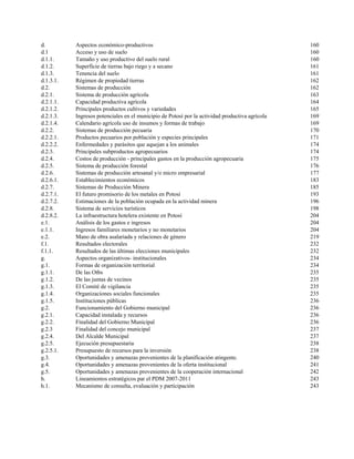 d. Aspectos económico-productivos 160
d.1 Acceso y uso de suelo 160
d.1.1. Tamaño y uso productivo del suelo rural 160
d.1.2. Superficie de tierras bajo riego y a secano 161
d.1.3. Tenencia del suelo 161
d.1.3.1. Régimen de propiedad tierras 162
d.2. Sistemas de producción 162
d.2.1. Sistema de producción agrícola 163
d.2.1.1. Capacidad productiva agrícola 164
d.2.1.2. Principales productos cultivos y variedades 165
d.2.1.3. Ingresos potenciales en el municipio de Potosí por la actividad productiva agrícola 169
d.2.1.4. Calendario agrícola uso de insumos y formas de trabajo 169
d.2.2. Sistemas de producción pecuaria 170
d.2.2.1. Productos pecuarios por población y especies principales 171
d.2.2.2. Enfermedades y parásitos que aquejan a los animales 174
d.2.3. Principales subproductos agropecuarios 174
d.2.4. Costos de producción - principales gastos en la producción agropecuaria 175
d.2.5. Sistema de producción forestal 176
d.2.6. Sistemas de producción artesanal y/o micro empresarial 177
d.2.6.1. Establecimientos económicos 183
d.2.7. Sistemas de Producción Minera 185
d.2.7.1. El futuro promisorio de los metales en Potosí 193
d.2.7.2. Estimaciones de la población ocupada en la actividad minera 196
d.2.8. Sistema de servicios turísticos 198
d.2.8.2. La infraestructura hotelera existente en Potosí 204
e.1. Análisis de los gastos e ingresos 204
e.1.1. Ingresos familiares monetarios y no monetarios 204
e.2. Mano de obra asalariada y relaciones de género 219
f.1. Resultados electorales 232
f.1.1. Resultados de las últimas elecciones municipales 232
g. Aspectos organizativos- institucionales 234
g.1. Formas de organización territorial 234
g.1.1. De las Otbs 235
g.1.2. De las juntas de vecinos 235
g.1.3. El Comité de vigilancia 235
g.1.4. Organizaciones sociales funcionales 235
g.1.5. Instituciones públicas 236
g.2. Funcionamiento del Gobierno municipal 236
g.2.1. Capacidad instalada y recursos 236
g.2.2. Finalidad del Gobierno Municipal 236
g.2.3 Finalidad del concejo municipal 237
g.2.4. Del Alcalde Municipal 237
g.2.5. Ejecución presupuestaria 238
g.2.5.1. Presupuesto de recursos para la inversión 238
g.3. Oportunidades y amenazas provenientes de la planificación atingente. 240
g.4. Oportunidades y amenazas provenientes de la oferta institucional 241
g.5. Oportunidades y amenazas provenientes de la cooperación internacional 242
h. Lineamientos estratégicos par el PDM 2007-2011 243
h.1. Mecanismo de consulta, evaluación y participación 243
 
