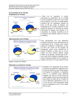 GOBIERNO MUNICIPAL DEL MUNICIPIO DE POTOSÍ
PROGRAMA BOL/AIDCO/2002/0467 APEMIN II
Documento diagnóstico previo PDM 2007-2011
Jaime Chumacero López 61
Consultor PDM Potosí
Características de la vivienda
Propiedad de la vivienda
Como era de suponerse el mayor
porcentaje de propietarios de la vivienda
son los residentes ya que el 61.2 por ciento
de los hogares viven en su vivienda propia,
mientras que los emigrantes superan un
poco al 50 por ciento de hogares con
propiedad de la vivienda, asimismo en este
grupo de personas se encuentra un mayor
porcentaje de hogares que alquilan o se
encuentran en contrato anticrético de la
vivienda en que habitan superior al de los
residentes.
Tipo de paredes en la vivienda
Nos encontramos con una diferencia
cualitativa abismal en las características de
construcción de la vivienda, entre ambos
grupos de residentes y emigrantes, ya que
un 60.5 por ciento de los hogares de
emigrantes, tienen como material de la
pared el ladrillo, en tanto que un 35 por
ciento de estos mismos hogares tienen
adobe en las paredes; mientras que el 85.7
por ciento de los hogares residentes tienen
como principal material de las paredes al
adobe, y tan solo el 13.3 por ciento de estos
hogares cuentan con ladrillo.
Materiales en el techo de vivienda
Respecto a los materiales de los techos
no existe una diferencia significativa en
el tipo de material, ya que ambos grupos
de hogares de residentes y emigrantes
tiene a la calamina como principal
material, tan solo un 34 por ciento en
ambos grupos usan la teja como material
para cubrir los techos de la vivienda, tal
vez la diferencia significativa se de, en
el uso de losa, esta mayormente usada
por los emigrantes en un 8.1 por ciento
de los casos.
Propia
19555 52,4%
Alquilada
11049 29,6%
Anticretico
4663 12,5%
Cedida
175 0,5%
Otro
1850 5,0%
Propia
19464 61,2%
Alquilada
9240 29,0%
Anticretico
2162 6,8%
Cedida
125 0,4%
Otro
819 2,6%
Gráfica 27: Comparación del tipo de propiedad de la
vivienda
Emigrantes Residentes
Censo de Población y Vivienda 2001
Fuente: CNPV-2001- Elaboración Jaime Chumacero
ladrillo
24455 60,5%
adobe
14087 34,9%
otro
1857 4,6%
ladrillo
4669 13,3%
adobe
30156 85,7%
otro
357 1,0%
Gráfica 28: Comparación de la evolución en el uso del
material de construcción en las paredes de la vivienda
Censo de Población y Vivienda 2001
Fuente: CNPV-2001- Elaboración Jaime Chumacero
Emigrantes
Residentes
Calamina
21651 53,6%
Teja
13695 33,9%
Losa
3258 8,1%
Otro
1795 4,4%
Calamina
20635 58,7%
Teja
12291 34,9%
Losa
647 1,8%
Otro
1609 4,6%
Gráfica 29: Comparación de la evolución en el uso del
material de construcción en los techos de la vivienda
Censo de Población y Vivienda 2001
Fuente: CNPV-2001- Elaboración Jaime Chumacero
Emigrantes Residentes
 