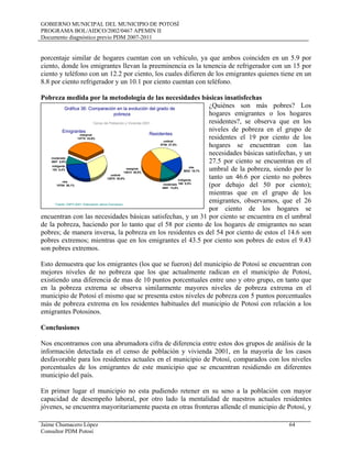 GOBIERNO MUNICIPAL DEL MUNICIPIO DE POTOSÍ
PROGRAMA BOL/AIDCO/2002/0467 APEMIN II
Documento diagnóstico previo PDM 2007-2011
Jaime Chumacero López 64
Consultor PDM Potosí
porcentaje similar de hogares cuentan con un vehículo, ya que ambos coinciden en un 5.9 por
ciento, donde los emigrantes llevan la preeminencia es la tenencia de refrigerador con un 15 por
ciento y teléfono con un 12.2 por ciento, los cuales difieren de los emigrantes quienes tiene en un
8.8 por ciento refrigerador y un 10.1 por ciento cuentan con teléfono.
Pobreza medida por la metodología de las necesidades básicas insatisfechas
¿Quiénes son más pobres? Los
hogares emigrantes o los hogares
residentes?, se observa que en los
niveles de pobreza en el grupo de
residentes el 19 por ciento de los
hogares se encuentran con las
necesidades básicas satisfechas, y un
27.5 por ciento se encuentran en el
umbral de la pobreza, siendo por lo
tanto un 46.6 por ciento no pobres
(por debajo del 50 por ciento);
mientras que en el grupo de los
emigrantes, observamos, que el 26
por ciento de los hogares se
encuentran con las necesidades básicas satisfechas, y un 31 por ciento se encuentra en el umbral
de la pobreza, haciendo por lo tanto que el 58 por ciento de los hogares de emigrantes no sean
pobres; de manera inversa, la pobreza en los residentes es del 54 por ciento de estos el 14.6 son
pobres extremos; mientras que en los emigrantes el 43.5 por ciento son pobres de estos el 9.43
son pobres extremos.
Esto demuestra que los emigrantes (los que se fueron) del municipio de Potosí se encuentran con
mejores niveles de no pobreza que los que actualmente radican en el municipio de Potosí,
existiendo una diferencia de mas de 10 puntos porcentuales entre uno y otro grupo, en tanto que
en la pobreza extrema se observa similarmente mayores niveles de pobreza extrema en el
municipio de Potosí el mismo que se presenta estos niveles de pobreza con 5 puntos porcentuales
más de pobreza extrema en los residentes habituales del municipio de Potosí con relación a los
emigrantes Potosinos.
Conclusiones
Nos encontramos con una abrumadora cifra de diferencia entre estos dos grupos de análisis de la
información detectada en el censo de población y vivienda 2001, en la mayoría de los casos
desfavorable para los residentes actuales en el municipio de Potosí, comparados con los niveles
porcentuales de los emigrantes de este municipio que se encuentran residiendo en diferentes
municipio del país.
En primer lugar el municipio no esta pudiendo retener en su seno a la población con mayor
capacidad de desempeño laboral, por otro lado la mentalidad de nuestros actuales residentes
jóvenes, se encuentra mayoritariamente puesta en otras fronteras allende el municipio de Potosí, y
nbs
10704 26,1%
umbral
12675 30,9%
marginal
13775 33,6%
moderada
3657 8,9%
indigente
153 0,4%
nbs
6632 18,7%
umbral
9749 27,5%
marginal
14014 39,5%
moderada
4891 13,8%
indigente
160 0,5%
Gráfica 36: Comparación en la evolución del grado de
pobreza
Censo de Población y Vivienda 2001
Fuente: CNPV-2001- Elaboración Jaime Chumacero
Emigrantes
Residentes
 