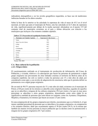 GOBIERNO MUNICIPAL DEL MUNICIPIO DE POTOSÍ
PROGRAMA BOL/AIDCO/2002/0467 APEMIN II
Documento diagnóstico previo PDM 2007-2011
Jaime Chumacero López 68
Consultor PDM Potosí
indicadores demográficos y en los niveles geográficos requeridos, se hace uso de mediciones
indirectas basadas en los datos censales.
Sobre la base de lo anterior se ha calculado la esperanza de vida al nacer de 63.3 en el nivel
nacional, en tanto que para el municipio de Potosí, esta fue calculada en 62.5 años de esperanza
de vida, significativamente por debajo de la media nacional, ubicándose en el puesto 115 del
conjunto total de municipios existentes en el país y última ubicación con relación a los
municipios que incluyen a las restantes ciudades capitales.
Tabla nº 27: Proyección de la población frontera 2010
Municipios con Ciudades Capitales Esperanza de vida al nacer
Tarija 70,1
Santa Cruz de la Sierra 68,8
Cobija 66,9
Sucre 66,7
Cochabamba 66,7
Trinidad 66,4
La Paz 64,6
Oruro 63,7
Potosí 62,5
Nacional 63.3
Fuente: INE 2003
C.4. Base cultural de la población
c.4.1. Origen étnico
El cuestionamiento realizado en el instrumento de recolección de información, del Censo de
Población y vivienda, relativos a la adscripción que hacen las personas de pertenencia a algún
grupo originario (no proveniente de otras latitudes externas al territorio de Bolivia antes de la
conquista española), tan solo se realizó a todas las personas con 15 y más años de edad, por
considerarlo como apto y con niveles de adquisición de conciencia, tales que le permita definir su
pertenencia o no a algún grupo originario.
De un total de 90.571 personas mayores de 15 y más años de edad, existentes en el municipio de
Potosí, el 68 por ciento de los mismos se adscribe como originario Quechua, seguidos de aquellos
que no se adscriben a ninguna de las culturas originarias 29.6 por ciento y los que en muy poco
porcentaje se adscriben a otros grupos originarios, denominados como otros (dado la no
significativa cantidad de personas que estos hacen en conjunto, como los Aymaras, Chiquitanos,
Mojeños y Guaranies), los mismos que hacen un escaso 2.5 por ciento.
En una comparación de los grupos originarios por distrito, encontramos que es el distrito 6, el que
menor cantidad porcentual de personas que se adscriben a los grupos originarios, en comparación
a los restantes distritos, dado que escasamente supera el 50 por ciento (54.3), en la misma que
también de manera inversa presenta la mayor población que se declara como no perteneciente a
ninguno de los grupos originarios (41.7 por ciento).
 