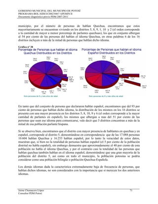 GOBIERNO MUNICIPAL DEL MUNICIPIO DE POTOSÍ
PROGRAMA BOL/AIDCO/2002/0467 APEMIN II
Documento diagnóstico previo PDM 2007-2011
Jaime Chumacero López 71
Consultor PDM Potosí
municipio, por el número de personas de hablan Quechua, encontramos que estos
mayoritariamente se encuentran viviendo en los distritos 5, 8, 9, 1, 10 y 2 (el orden corresponde
a la cantidad de mayor a menor porcentaje de parlantes quechuas), los que en conjunto albergan
al 54 por ciento de las personas del hablan el idioma Quechua, en otras palabras 6 de los 16
distritos incluyen a más de la mitad de personas que hablan dicho idioma.
Gráfica nº 38
En tanto que del conjunto de persona que declararon hablar español, encontramos que del 93 por
ciento de personas que hablan dicho idioma, la distribución de los mismos en los 16 distritos se
presenta con una mayor presencia en los distritos 5, 8, 10, 9 y 6 (el orden corresponde a la mayor
cantidad de parlantes en español), los mismos que albergan a mas del 51 por ciento de las
personas que usan ese idioma para comunicarse, vale decir que 5 distritos concentran a más de la
mitad de esa población parlante hispana.
Si se observa bien, encontramos que el distrito con mayor presencia de hablantes en quechua y en
español, corresponde al distrito 5, demostrándose en correspondencia que de las 17.088 personas
10.604 hablan Quechua y 16.253 hablan español, por lo tanto la veracidad de estos datos,
muestran que, si bien no la totalidad de personas hablan español (el 5 por ciento de la población
distrital no habla español), sin embargo demuestra que aproximadamente el 40 por ciento de esta
población no habla el idioma Quechua, y por el contrario casi la totalidad de las personas que
hablan quechua también hablan en el idioma español, demostrándose que una gran mayoría de la
población del distrito 5, así como en todo el municipio, la población potosina se podría
considerar como una población bilingüe o población Quechua-Española.
Los demás idiomas dada la característica extremadamente baja de frecuencia de personas, que
hablan dichos idiomas, no son considerados con la importancia que si merecen los dos anteriores
idiomas.
 