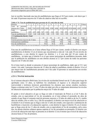GOBIERNO MUNICIPAL DEL MUNICIPIO DE POTOSÍ
PROGRAMA BOL/AIDCO/2002/0467 APEMIN II
Documento diagnóstico previo PDM 2007-2011
Jaime Chumacero López 74
Consultor PDM Potosí
leer ni escribir, haciendo una tasa de analfabetismo que llega al 10.5 por ciento, vale decir que 1
de cada 10 personas mayores de 15 años de edad no sabe leer ni escribir.
Tabla nº 31: Tasa de analfabetismo para personas de 15 y más años de edad
Distritos 1 2 3 4 5 6 7 8 9 10 11 12 Urbano
Total de personas
mayores de 15 años 7839 7243 4529 5220 13084 8280 6496 9024 10109 10234 6044 4287 92390
Total personas
analfabetas 829 697 400 567 1282 224 585 750 995 630 509 481 7948
Tasa de analfabetismo 10.6 9.6 8.8 10.9 9.8 2.7 9.0 8.3 9.8 6.2 8.4 11.2 8.6
//// Continuación Rural y Total
Distritos 13 14 15 16 Rural Total
Total de personas mayores de 15 años 718 3734 1740 1507 7699 100090
Total personas analfabetas 218 1430 502 398 2548 10496
Tasa de analfabetismo 30.3 38.3 28.9 26.4 33.1 10.5
Fuente: Elaborado sobre la base de Censo de Población y Vivienda 2001, cálculos de Jaime Chumacero
Esta tasa de analfabetismo en el área urbana llega al 8.6 por ciento, siendo el distrito con mayor
analfabetismo el distrito 12 en el mismo que encontramos a más de 1 de cada 10 con niveles de
analfabetismo, a este distrito le siguen los distritos 1 y 4 con más del 10 por ciento de
analfabetos, en tanto que el distrito 6 es el que menor porcentaje de analfabetos presenta, dado
que la población de analfabetos en este distrito alcanza al 2.7 por ciento de todas las personas
mayores de 15 años de edad.
En el área rural es donde se presenta el mayor porcentaje de analfabetos, dado que el 33.1 por
ciento 1 de cada 3 personas mayores de 15 años de edad es analfabeto, donde el distrito 14 es el
que mayor tasa de analfabetismo presenta casi 4 de cada 10 personas se encuentran con niveles
de analfabetismo.
c.5.1.1. Nivel de instrucción
En el sistema educativo Boliviano, los niveles de escolaridad formal son de 12 años para luego de
aprobados estos 12 años, se habiliten los estudiantes al ingreso a la educación superior
(universidad e institutos técnicos), generalmente los alumnos que cursan estudios escolares,
llegan a culminar entre los 17 a los 19 años de edad, por ello es importante determinar los niveles
de educación alcanzados por la población mayor de 19 años de edad.
El grado o nivel educativo al que se llega en todo el municipio de Potosí es el de 9 años de
estudio, esto es equivalente al 1ro de secundaria; en el área urbana el promedio de años de
estudio al que llega el conjunto total de personas mayores a 19 años de edad es de los 9 y medio
años de estudio, esto es entre 1ro y 2do de secundaria; el distrito con mayor nivel de educación es
el distrito 6 en el mismo que se llega a más de 12 años de estudio, esto equivale a culminación de
bachillerato e inserción a la educación superior, a este distrito le sigue el distrito 10, en el mismo
que se llega cerca de los 11 años de estudio, esto es equivalente al 3ro de secundaria, salvo estos
dos, los demás distritos urbanos apenas superan el 1ro de secundaria en promedio. El distrito con
el nivel de educación más bajo se presenta en el distrito 12 en el mismo que el nivel de educación
alcanza hasta el 7mo de primaria.
 