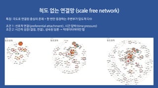 척도 없는 연결망 (scale free network)
특징: 극도로 연결된 중심의 존재 + 한 번만 등장하는 주변부가 압도적 다수
조건 1: 선호적 연결(preferential attachment), 시간 압박(time pressure)
조건 2: 시간적 성장(결점, 연결), 성숙된 담론 → 빅데이터여야만 함
 