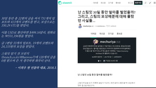 스팀잇의 충격
30일 동안 총 22편의 글을 써서 731개의 업
보트와 413개의 코멘트를 받고, 보상으로는
350.29 STU를 받았다.
이를 USD로 환산하면 $499.16달러, 원화로
는 ₩531,356원을 벌었다.
글 1편당 33개의 업보트, 19개의 코멘트와
24,153원의 보상을 받았다.
스팀잇 알기 전 브런치
(brunch.co.kr/@heewoo7)에 120개의 글을
0원 받으며 쓴 거 생각하면 화부터 난다.
- 이희우 현 언블락 대표, 2018.3.
 