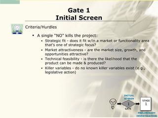 Gate 1
                 Initial Screen
Criteria/Hurdles
      A single “NO” kills the project:
         • Strategic fit - does it fit w/in a market or functionality area
           that’s one of strategic focus?
         • Market attractiveness - are the market size, growth, and
           opportunities attractive?
         • Technical feasibility - is there the likelihood that the
           product can be made & produced?
         • Killer variables - do no known killer variables exist (e.g.,
           legislative action)




                                                          INITIAL
                                                          SCREEN
                                                                       STAGE
                                                            1            1
                                                           GATE
                                                                     PRELIMINARY
                                                                    INVESTIGATION
 