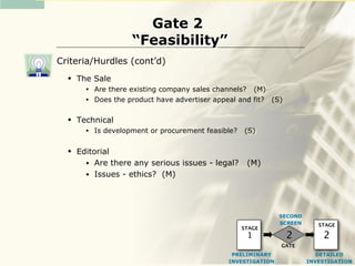Gate 2
                      “Feasibility”
Criteria/Hurdles (cont’d)
     The Sale
        •   Are there existing company sales channels? (M)
        •   Does the product have advertiser appeal and fit? (S)

     Technical
        •   Is development or procurement feasible?   (S)

     Editorial
        • Are there any serious issues - legal?        (M)
        • Issues - ethics? (M)




                                                                 SECOND
                                                                 SCREEN      STAGE
                                                      STAGE
                                                       1           2          2
                                                                 GATE
                                                  PRELIMINARY                DETAILED
                                                 INVESTIGATION            INVESTIGATION
 
