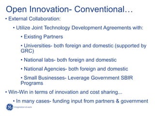 Open Innovation- Conventional…
• External Collaboration:
   • Utilize Joint Technology Development Agreements with:
      ...