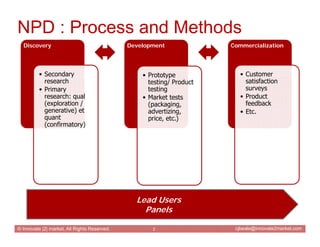 NPD : Process and Methods
  Discovery                                   Development              Commercialization




   ...