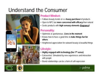 Understand the Consumer
            Product Mindset:
            • Follows beauty trends & is a heavy purchaser of products
            • Open to NPC but more concerned with efficacy than natural
            • Seeks products with high sensory elements (fragrance)

            Personality:
            • Optimistic & spontaneous. Lives in the moment
            • Knows how to have a good time & make things fun for
              others
            • Heightened appreciation for outward beauty & beautiful things

            Lifestyle:
            • Highly engaged with technology (her 7th sense)
            • Extraverted. Stimulated by new experiences and interaction
              with people
            • Brand relationships can be a form of self-expression
 