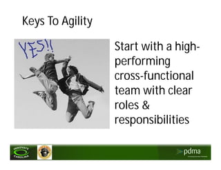 Keys To Agility

                  Start with a high-
                  performing
                  cross-functional
                  team with clear
                  roles &
                  responsibilities
 