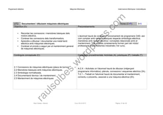 Programació didàctica Màquines Elèctriques Instal·lacions Elèctriques i Automàtiques 
UT2 
Documentem i dibuixem màquines elèctriques 
Hores (C+P): 
5+5 
Objectius (O): 
Preconeixements: 
•Recordar les connexions i maniobres bàsiques dels motors elèctrics. 
•Conèixer les connexions dels transformadors. 
•Aprendre a dibuixar i documentar una instal·lació elèctrica amb màquines elèctriques. 
•Conèixer el procés a seguir per al manteniment general de màquines elèctriques. 
L'alumnat haurà de conèixer el funcionament de programaris CAD, així com comptar amb nocions bàsiques respecte simbologia elèctrica, maniobres amb motors elèctrics i conceptes relacionats amb el manteniment. Tots aquests coneixements formen part del mòdul professional d'automatismes industrials (1er curs). 
Continguts conceptuals (C): 
Continguts procedimentals: Activitats (A), pràctiques (P) i treballs (T): 
2.1 Connexions de màquines elèctriques (placa de borns). 
2.2 Maniobres bàsiques amb màquines elèctriques. 
2.3 Simbologia normalitzada. 
2.4 Documentació tècnica i de manteniment. 
2.5 Manteniment de màquines elèctriques 
A-2.X – Activitats on l'alumnat haurà de dibuixar (mitjançant programaris informàtics): plànols, connexions i esquemes elèctrics (3h). 
T-2.1 – Treball on l'alumnat haurà de documentar el manteniment, correctiu o preventiu, associat a una màquina elèctrica (2h). 
Raül Solbes i Monzó Curs 2014-2015 Pàgina 10 de 39 
raulsolbes.wordpress.com 
 