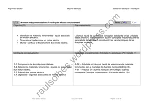 Programació didàctica Màquines Elèctriques Instal·lacions Elèctriques i Automàtiques 
UT5 
Muntem màquines rotatives i verifiquem el seu funcionament 
Hores (C+P): 
12+8 
Objectius (O): 
Preconeixements: 
•Identificar els materials, ferramentes i equips associats als motors elèctrics. 
•Dimensionar i seleccionar un motor elèctric. 
•Muntar i verificar el funcionament d'un motor elèctric. 
L'alumnat haurà de conèixer els conceptes estudiants en les unitats de treball anteriors, fonamentalment aquells conceptes relacionats amb les generalitats, la tipologia, la constitució i les característiques de les màquines rotatives. 
Continguts conceptuals (C): 
Continguts procedimentals: Activitats (A), pràctiques (P) i treballs (T): 
5.1. Components de les màquines rotatives. 
5.2. Selecció de materials, ferramentes i equips per al muntatge d'un motor elèctric. 
5.3. Bobinat dels motors elèctrics. 
5.4. Legislació i seguretat associades als motors elèctrics. 
A-5.X – Activitats on l'alumnat haurà de seleccionar els materials i ferramentes per al muntatge de diversos motors elèctrics (3h). 
P-5.1 – Pràctica on l'alumnat realitzarà el muntatge, bobinat, connexionat i assajos corresponents, d'un motor elèctric (5h). 
Raül Solbes i Monzó Curs 2014-2015 Pàgina 13 de 39 
raulsolbes.wordpress.com 
 