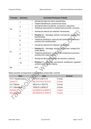 Programació didàctica Màquines Elèctriques Instal·lacions Elèctriques i Automàtiques 
Trimestre 
Quinzena 
Activitats-Pràctiques-Treballs 
1er 
1 
•Activitat de càlcul de valors característics. 
•Treball d'identificació i prevenció de riscos. 
2 
•Activitat de dibuix de plànols, connexions i esquemes. 
•Treball per documentar el manteniment preventiu i correctiu. 
3 
•Activitat de selecció de materials i ferramentes. 
4 
•Pràctica 3.1 – Muntatge, bobinat, connexionat i assajos d'un transformador. 
2n 
5 
•Treball de planificació i execució del manteniment preventiu i correctiu d'un transformador. 
6 
•Activitat de selecció de materials i ferramentes. 
7 
•Pràctica 5.1 – Muntatge, bobinat, connexionat i assajos d'un motor elèctric. 
8 
•Treball de planificació i execució del manteniment preventiu i correctiu d'un motor elèctric. 
9 
•Activitat de dibuix d'esquemes de maniobra i potència. 
10 
•Pràctica 7.1 – Muntatge, connexionat, acoblament, regulació i control d'una màquina rotativa. 
3er 
FCT 
Dates previstes corresponents a les pràctiques presencials i controls: 
Nom 
Data 
Duració 
P-3.1 Transformadors 
30/10/14 o 06/11/14 
5 hores 
Control T1 
del 10/11/14 al 16/11/14 
3 hores 
P-5.1 Motors 
08/01/15 o 15/01/15 
5 hores 
P-7.1 Maniobres 
19/02/15 o 26/02/15 
5 hores 
Controls T2 
del 02/03/15 al 08/03/15 
3 hores 
Recuperacions 
del 09/03/15 al 15/03/15 
3 hores 
Raül Solbes i Monzó Curs 2014-2015 Pàgina 17 de 39 
raulsolbes.wordpress.com 
 