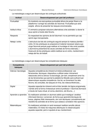 Programació didàctica Màquines Elèctriques Instal·lacions Elèctriques i Automàtiques
La metodologia a seguir per desenvolupar els continguts actitudinals:
Actitud Desenvolupament per part del professor
Puntualitat Es mostrarà una escrupolosa puntualitat alhora de penjar fitxers a la
plataforma i corregir les activitats de l'alumnat. Puntualitat que serà
exigida alhora de presentar les tasques encomanades.
Actitud crítica S’ animarà a proposar solucions alternatives a les activitats i a donar la
seua opinió a través dels fòrums.
Respecte Es respectarà les opinions de tot l'alumnat i no es permetrà que cap
opinió siga menyspreada.
Neteja i ordre L’estructura de tots els continguts seguirà sempre la mateixa plantilla i
ordre. En les pràctiques es prepararà el material necessari abans que
vinga l'alumnat perquè puga realitzar el muntatge el més aviat possible.
L’alumne/na presentarà les seues activitats de forma ordenada, i
l’execució de les pràctiques caldrà realitzar-se en ordre, manteniment i
neteja del lloc de treball.
La metodologia a seguir per desenvolupar les competències bàsiques:
Competència
bàsiques
Desenvolupament per part del professor
Ciència i tecnologia Aquesta competència és inherent al mòdul professional. Les
ferramentes, tècniques i dispositius a utilitzar estan íntimament
relacionats amb la ciència i la tecnologia, per tant, simplement amb l'ús
de les ferramentes que permet la plataforma Moodle serà suficient per
desenvolupar aquesta competència. Ara bé, es fomentarà l'ús dels
fòrums, les consultes, les tasques en línia, les videoconferències,...
Digital Aquesta capacitat és inherent amb el bloc temàtic de lògica programada,
i també amb la forma d’interactuar entre el professor i l’alumnat (formació
a través de l’aula virtual, el correu electrònic, els fòrums,...)
Aprendre a aprendre Es realitzaran activitats on alumnat caldrà que investigue i analitze
informació tècnica i comercial, de forma que aprendrà tècniques de
busca, pàgines Web interessants, així com tècniques i procediments per
resoldre les activitats de la forma que cadascú considere més oportuna.
Matemàtiques Es realitzaran activitats on serà necessari realitzar senzills càlculs
matemàtics. El mòdul de màquines elèctriques no desenvoluparà
aquesta capacitat, però sí ajudarà al seu manteniment.
Raül Solbes i Monzó Curs 2016-2017 Pàgina 21 de 40
 