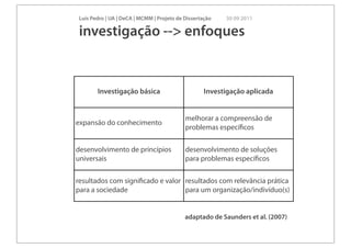 Luís Pedro | UA | DeCA | MCMM | Projeto de Dissertação   30 09 2011

 investigação --> enfoques


        Investigação básica                        Investigação aplicada


                                            melhorar a compreensão de
expansão do conhecimento
                                            problemas especíﬁcos

desenvolvimento de princípios               desenvolvimento de soluções
universais                                  para problemas especíﬁcos

resultados com signiﬁcado e valor resultados com relevância prática
para a sociedade                  para um organização/indivíduo(s)


                                            adaptado de Saunders et al. (2007)
 