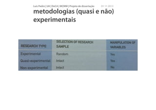 Luís Pedro | UA | DeCA | MCMM | Projeto de dissertação

01 11 2013

metodologias (quasi e não)
experimentais

 