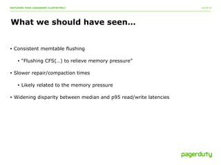 10/20/14 
WATCHING YOUR CASSANDRA CLUSTER MELT 
What we should have seen… 
• Consistent memtable flushing 
• “Flushing CFS(…) to relieve memory pressure” 
• Slower repair/compaction times 
• Likely related to the memory pressure 
• Widening disparity between median and p95 read/write latencies 
 