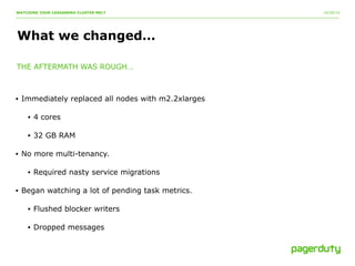 10/20/14 
WATCHING YOUR CASSANDRA CLUSTER MELT 
What we changed… 
THE AFTERMATH WAS ROUGH… 
• Immediately replaced all nodes with m2.2xlarges 
• 4 cores 
• 32 GB RAM 
• No more multi-tenancy. 
• Required nasty service migrations 
• Began watching a lot of pending task metrics. 
• Flushed blocker writers 
• Dropped messages 
 