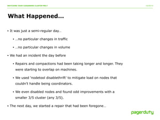 10/20/14 
WATCHING YOUR CASSANDRA CLUSTER MELT 
What Happened… 
• It was just a semi-regular day… 
• …no particular changes in traffic 
• …no particular changes in volume 
• We had an incident the day before 
• Repairs and compactions had been taking longer and longer. They 
were starting to overlap on machines. 
• We used ‘nodetool disablethrift' to mitigate load on nodes that 
couldn’t handle being coordinators. 
• We even disabled nodes and found odd improvements with a 
smaller 3/5 cluster (any 3/5). 
• The next day, we started a repair that had been foregone… 
 