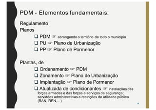 PDM - Elementos fundamentais:
Regulamento
Planos
q PDM ☞ abrangendo o território de todo o município
q PU ☞ Plano de Urbanização
q PP ☞ Plano de Pormenor
Plantas, de
q Ordenamento ☞ PDM
q Zonamento ☞ Plano de Urbanização
q Implantação ☞ Plano de Pormenor
q Atualizada de condicionantes ☞ instalações das
forças armadas e das forças e serviços de segurança;
servidões administrativas e restrições de utilidade pública
(RAN, REN,…)
14
 