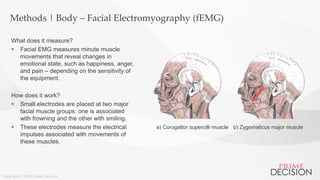 Copyright © 2016 Prime Decision
Methods | Body – Facial Electromyography (fEMG)
What does it measure?
 Facial EMG measures minute muscle
movements that reveal changes in
emotional state, such as happiness, anger,
and pain – depending on the sensitivity of
the equipment.
How does it work?
 Small electrodes are placed at two major
facial muscle groups: one is associated
with frowning and the other with smiling.
 These electrodes measure the electrical
impulses associated with movements of
these muscles.
a) Corugattor supercilli muscle b) Zygomaticus major muscle
 