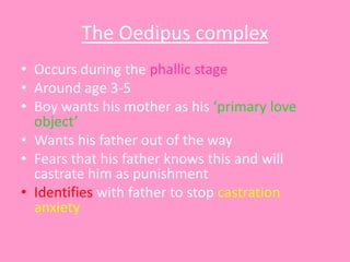 The Oedipus complex
• Occurs during the phallic stage
• Around age 3-5
• Boy wants his mother as his ‘primary love
object’...