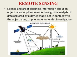 REMOTE SENSING
• Science and art of obtaining information about an
object, area, or phenomenon through the analysis of
data acquired by a device that is not in contact with
the object, area, or phenomenon under investigation
 