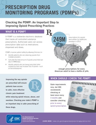 PRESCRIPTION DRUG
MONITORING PROGRAMS (PDMPs)
Checking the PDMP: An Important Step to
Improving Opioid Prescribing Practices
WHAT IS A PDMP?
249M
prescriptions for opioids
were written by healthcare
providers in 2013
enough prescriptions for every
American adult to have a bottle of pills
WHEN SHOULD I CHECK THE PDMP?
A PDMP is a statewide electronic database
that tracks all controlled substance
prescriptions. Authorized users can access
prescription data such as medications
dispensed and doses.
PDMPs improve patient safety by allowing clinicians to:
•	 Identify patients who are obtaining opioids from
multiple providers.
•	 Calculate the total amount of opioids prescribed per
day (in MME/day).
•	 Identify patients who are being prescribed other
substances that may increase risk of opioids—such
as benzodiazepines.
Improving the way opioids
are prescribed will ensure
patients have access
to safer, more effective
chronic pain treatment
while reducing opioid misuse, abuse, and
overdose. Checking your state’s PDMP is
an important step in safer prescribing of
these drugs.
State requirements
vary, but CDC
recommends
checking at
least once every
3 months and
consider checking
prior to every
opioid prescription.
LEARN MORE | www.cdc.gov/drugoverdose/prescribing/guideline.html
 