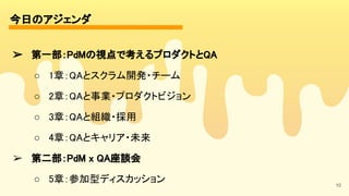 今日のアジェンダ 
10
➢ 第一部：PdMの視点で考えるプロダクトとQA 
○ 1章：QAとスクラム開発・チーム 
○ 2章：QAと事業・プロダクトビジョン 
○ 3章：QAと組織・採用 
○ 4章：QAとキャリア・未来 
➢ 第二部：PdM x QA座談会 
○ 5章：参加型ディスカッション 
 