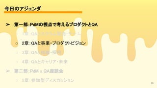 今日のアジェンダ 
20
➢ 第一部：PdMの視点で考えるプロダクトとQA 
○ 1章：QAとスクラム開発・チーム 
○ 2章：QAと事業・プロダクトビジョン 
○ 3章：QAと組織・採用 
○ 4章：QAとキャリア・未来 
➢ 第二部：PdM x QA座談会 
○ 5章：参加型ディスカッション 
 