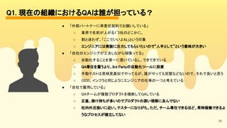 38
Q1. 現在の組織におけるQAは誰が担っている？ 
● 「外部パートナーに準委任契約でお願いしている」 
○ 業界で名前が上がる1~2社のどこかに。 
○ 割と迷わず、「ここでいいよね」という印象 
○ エンジニアには実装に注力してもらいたいので”人手として”という意味が大きい 
● 「自社のエンジニアが工夫しながら頑張ってる」  
○ 自動化することを第一に置いているし、できてきている 
○ QA専任を雇うより、3rd Partyの自動化ツールに投資 
○ 手動テストは見様見真似でやってるが、誰がやっても完璧などないので、それで良いと思う 
○ CICD、インフラと同じようにエンジニアの仕事の一つと考えている 
● 「自社で雇用している」 
○ QAチームが複数プロダクトを横断してQAしている 
○ 正直、掛け持ちが多いのでプロダクトの深い理解に及んでない 
○ 社内外注扱いに近い。テスターになりがち。ただ、チーム専任できるほど、常時稼働できるよ
うなプロセスが確立してない 
 