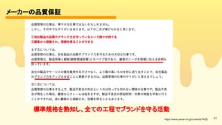 45
メーカーの品質保証 
標準規格を熟知し、全ての工程でブランドを守る活動 
https://www.career-on.jp/contents/7422/
 