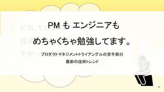 54
どうしてもQAの 
採用の優先順位って 
下がってしまう 
PM も エンジニアも 
めちゃくちゃ勉強してます。 
プロダクトマネジメントトライアングルの苦手部分 
最新の技術トレンド 
 