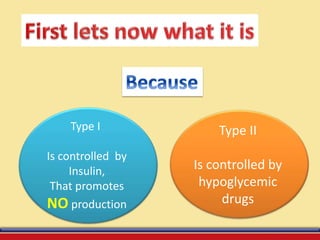 Type I
Is controlled by
Insulin,
That promotes
NO production
Type II
Is controlled by
hypoglycemic
drugs
 